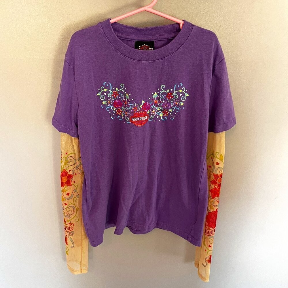Harley Davidson Kids Girls Purple Tattoo Sleeve Shirt Large 12/14 Biker